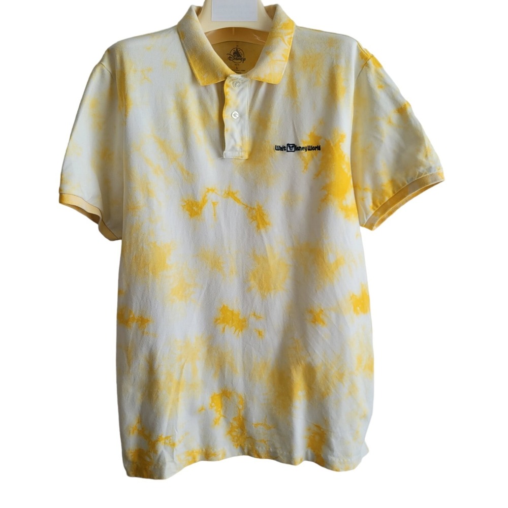 Disney Shirt L Yellow White Tie Die Polo Slim Fit Short Sleeve Embroidered Logo